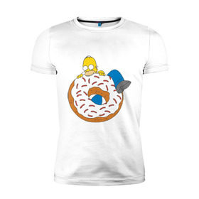 Мужская футболка премиум с принтом Гомер ест пончик в Санкт-Петербурге, 92% хлопок, 8% лайкра | приталенный силуэт, круглый вырез ворота, длина до линии бедра, короткий рукав | Тематика изображения на принте: гомер