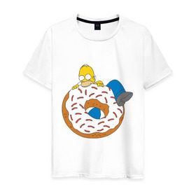 Мужская футболка хлопок с принтом Гомер ест пончик в Санкт-Петербурге, 100% хлопок | прямой крой, круглый вырез горловины, длина до линии бедер, слегка спущенное плечо. | Тематика изображения на принте: гомер