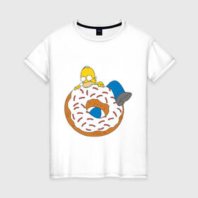 Женская футболка хлопок с принтом Гомер ест пончик в Санкт-Петербурге, 100% хлопок | прямой крой, круглый вырез горловины, длина до линии бедер, слегка спущенное плечо | гомер