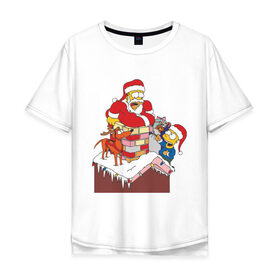 Мужская футболка хлопок Oversize с принтом Симпсоны новый год в Санкт-Петербурге, 100% хлопок | свободный крой, круглый ворот, “спинка” длиннее передней части | гомер