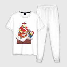 Мужская пижама хлопок с принтом Симпсоны новый год в Санкт-Петербурге, 100% хлопок | брюки и футболка прямого кроя, без карманов, на брюках мягкая резинка на поясе и по низу штанин
 | Тематика изображения на принте: гомер