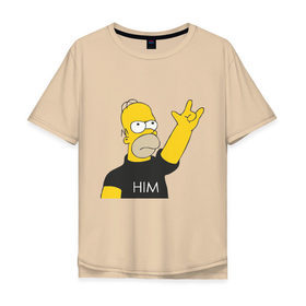 Мужская футболка хлопок Oversize с принтом Гомер rock фанат в Санкт-Петербурге, 100% хлопок | свободный крой, круглый ворот, “спинка” длиннее передней части | Тематика изображения на принте: him | гомер