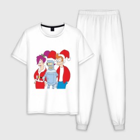Мужская пижама хлопок с принтом Футурама новый год в Санкт-Петербурге, 100% хлопок | брюки и футболка прямого кроя, без карманов, на брюках мягкая резинка на поясе и по низу штанин
 | 