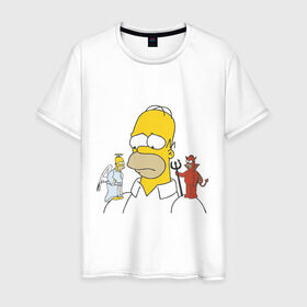 Мужская футболка хлопок с принтом Гомер симпсон добро и зло в Санкт-Петербурге, 100% хлопок | прямой крой, круглый вырез горловины, длина до линии бедер, слегка спущенное плечо. | гомер