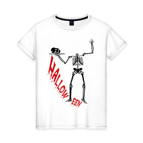Женская футболка хлопок с принтом Скелет Helloween в Санкт-Петербурге, 100% хлопок | прямой крой, круглый вырез горловины, длина до линии бедер, слегка спущенное плечо | скелет