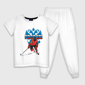 Детская пижама хлопок с принтом Россия(4) в Санкт-Петербурге, 100% хлопок |  брюки и футболка прямого кроя, без карманов, на брюках мягкая резинка на поясе и по низу штанин
 | Тематика изображения на принте: национальная лига | нхл | россия | хокей | хоккей | хоккейная лига | хоккейный клуб