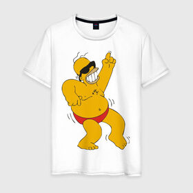 Мужская футболка хлопок с принтом Гомер симпсон танцует в Санкт-Петербурге, 100% хлопок | прямой крой, круглый вырез горловины, длина до линии бедер, слегка спущенное плечо. | гомер