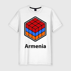 Мужская футболка премиум с принтом Кубик – Армения в Санкт-Петербурге, 92% хлопок, 8% лайкра | приталенный силуэт, круглый вырез ворота, длина до линии бедра, короткий рукав | Тематика изображения на принте: армения | армяне | армянин | ереван | кубик | кубик рубик | флаг | флаг армении в магическом кубике.armenia