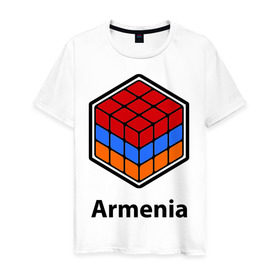Мужская футболка хлопок с принтом Кубик – Армения в Санкт-Петербурге, 100% хлопок | прямой крой, круглый вырез горловины, длина до линии бедер, слегка спущенное плечо. | Тематика изображения на принте: армения | армяне | армянин | ереван | кубик | кубик рубик | флаг | флаг армении в магическом кубике.armenia