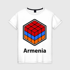 Женская футболка хлопок с принтом Кубик – Армения в Санкт-Петербурге, 100% хлопок | прямой крой, круглый вырез горловины, длина до линии бедер, слегка спущенное плечо | армения | армяне | армянин | ереван | кубик | кубик рубик | флаг | флаг армении в магическом кубике.armenia