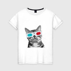 Женская футболка хлопок с принтом Кот в стереоочках в Санкт-Петербурге, 100% хлопок | прямой крой, круглый вырез горловины, длина до линии бедер, слегка спущенное плечо | анаглифы | кот | коты | кошки | стерео очки