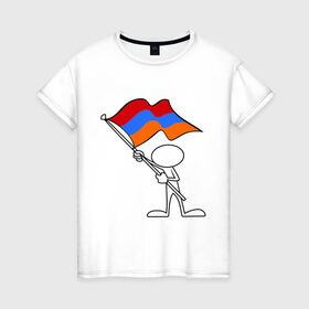 Женская футболка хлопок с принтом Армения (человек с флагом) в Санкт-Петербурге, 100% хлопок | прямой крой, круглый вырез горловины, длина до линии бедер, слегка спущенное плечо | armenia | армении | армения | армяне | армянин | армянка | ереван | флаг