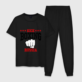 Мужская пижама хлопок с принтом Kickboxing Russia в Санкт-Петербурге, 100% хлопок | брюки и футболка прямого кроя, без карманов, на брюках мягкая резинка на поясе и по низу штанин
 | кикбоксинг