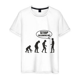 Мужская футболка хлопок с принтом Stop following me в Санкт-Петербурге, 100% хлопок | прямой крой, круглый вырез горловины, длина до линии бедер, слегка спущенное плечо. | Тематика изображения на принте: за мной | люди | неандертальцы | пещерные | преследовать | хватит | ходить | человек | эволюция