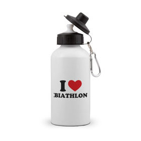 Бутылка спортивная с принтом Я люблю Биатлон — I love Biathlon в Санкт-Петербурге, металл | емкость — 500 мл, в комплекте две пластиковые крышки и карабин для крепления | Тематика изображения на принте: биатлон | биатлонисты | я люблю