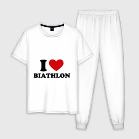 Мужская пижама хлопок с принтом Я люблю Биатлон — I love Biathlon в Санкт-Петербурге, 100% хлопок | брюки и футболка прямого кроя, без карманов, на брюках мягкая резинка на поясе и по низу штанин
 | биатлон | биатлонисты | я люблю