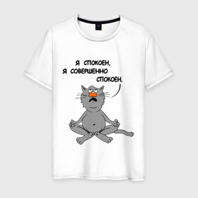 Мужская футболка хлопок с принтом Кошак-йог в Санкт-Петербурге, 100% хлопок | прямой крой, круглый вырез горловины, длина до линии бедер, слегка спущенное плечо. | йог | йога | кот | кошка | спокойствие | я спокоен