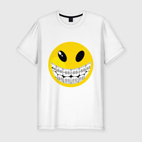 Мужская футболка премиум с принтом Смайл с брекетами в Санкт-Петербурге, 92% хлопок, 8% лайкра | приталенный силуэт, круглый вырез ворота, длина до линии бедра, короткий рукав | smile | брекеты | зубы | смайл | смайлик | улыбка
