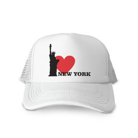 Кепка тракер с сеткой с принтом I love New York (NY Freedom) в Санкт-Петербурге, трикотажное полотно; задняя часть — сетка | длинный козырек, универсальный размер, пластиковая застежка | america | cша | i love ny | new york | usa | америка | нью йорк | статуя свободы