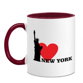 Кружка двухцветная с принтом I love New York (NY Freedom) в Санкт-Петербурге, керамика | объем — 330 мл, диаметр — 80 мм. Цветная ручка и кайма сверху, в некоторых цветах — вся внутренняя часть | Тематика изображения на принте: america | cша | i love ny | new york | usa | америка | нью йорк | статуя свободы