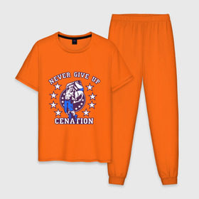 Мужская пижама хлопок с принтом WWE John Cena Never Give Up в Санкт-Петербурге, 100% хлопок | брюки и футболка прямого кроя, без карманов, на брюках мягкая резинка на поясе и по низу штанин
 | Тематика изображения на принте: wwe | бои без правил | джон сина