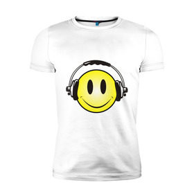 Мужская футболка премиум с принтом Смайл в наушниках (2) в Санкт-Петербурге, 92% хлопок, 8% лайкра | приталенный силуэт, круглый вырез ворота, длина до линии бедра, короткий рукав | smile | смайл | смайлик | улыбка | шаушники