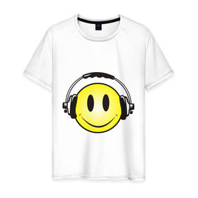 Мужская футболка хлопок с принтом Смайл в наушниках (2) в Санкт-Петербурге, 100% хлопок | прямой крой, круглый вырез горловины, длина до линии бедер, слегка спущенное плечо. | smile | смайл | смайлик | улыбка | шаушники