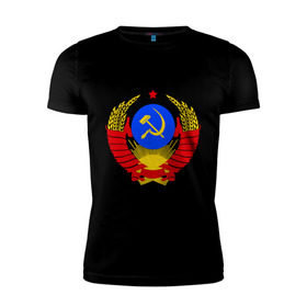 Мужская футболка премиум с принтом СССР (5) в Санкт-Петербурге, 92% хлопок, 8% лайкра | приталенный силуэт, круглый вырез ворота, длина до линии бедра, короткий рукав | герб | коммунизм | молот | серп | советский | союз | ссср