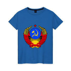 Женская футболка хлопок с принтом СССР (5) в Санкт-Петербурге, 100% хлопок | прямой крой, круглый вырез горловины, длина до линии бедер, слегка спущенное плечо | герб | коммунизм | молот | серп | советский | союз | ссср