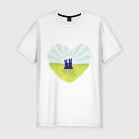 Мужская футболка премиум с принтом Зайки в Санкт-Петербурге, 92% хлопок, 8% лайкра | приталенный силуэт, круглый вырез ворота, длина до линии бедра, короткий рукав | влюбленные | влюбленные зайки | зайцы | зайчики | сердце | силуэты заек
