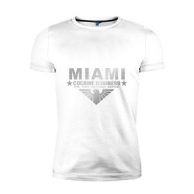 Мужская футболка премиум с принтом Miami - The Tony Montana empire в Санкт-Петербурге, 92% хлопок, 8% лайкра | приталенный силуэт, круглый вырез ворота, длина до линии бедра, короткий рукав | Тематика изображения на принте: business | cocaine | бизнес | майами