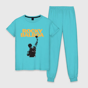 Женская пижама хлопок с принтом Рокки (Rocky Balboa) в Санкт-Петербурге, 100% хлопок | брюки и футболка прямого кроя, без карманов, на брюках мягкая резинка на поясе и по низу штанин | емельяненко