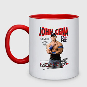 Кружка двухцветная с принтом John Cena Extreme Rules в Санкт-Петербурге, керамика | объем — 330 мл, диаметр — 80 мм. Цветная ручка и кайма сверху, в некоторых цветах — вся внутренняя часть | Тематика изображения на принте: джон сина