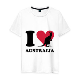 Мужская футболка хлопок с принтом I love Australia в Санкт-Петербурге, 100% хлопок | прямой крой, круглый вырез горловины, длина до линии бедер, слегка спущенное плечо. | Тематика изображения на принте: i love | i love australia | кенгуру | я люблю | я люблю австралию