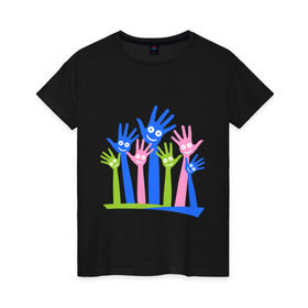 Женская футболка хлопок с принтом Hands Up в Санкт-Петербурге, 100% хлопок | прямой крой, круглый вырез горловины, длина до линии бедер, слегка спущенное плечо | glow | hands | up | вверх | руки | светяться | светящиеся | стетиться