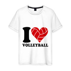 Мужская футболка хлопок с принтом I love volleyball - Я люблю волейбол в Санкт-Петербурге, 100% хлопок | прямой крой, круглый вырез горловины, длина до линии бедер, слегка спущенное плечо. | Тематика изображения на принте: волейбол