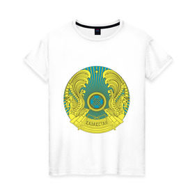Женская футболка хлопок с принтом Казахстан герб в Санкт-Петербурге, 100% хлопок | прямой крой, круглый вырез горловины, длина до линии бедер, слегка спущенное плечо | герб | государство | казахстан | символ | снг | страна