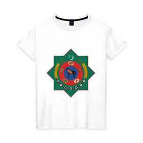Женская футболка хлопок с принтом Туркмения герб в Санкт-Петербурге, 100% хлопок | прямой крой, круглый вырез горловины, длина до линии бедер, слегка спущенное плечо | герб | государство | символ | снг | страна | туркмения