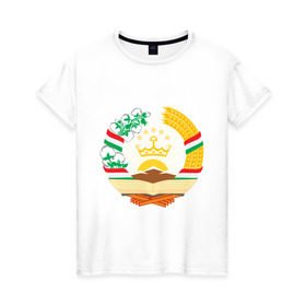 Женская футболка хлопок с принтом Таджикистан герб в Санкт-Петербурге, 100% хлопок | прямой крой, круглый вырез горловины, длина до линии бедер, слегка спущенное плечо | герб | государство | символ | снг | страна | таджикинстан