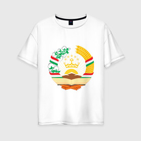 Женская футболка хлопок Oversize с принтом Таджикистан герб в Санкт-Петербурге, 100% хлопок | свободный крой, круглый ворот, спущенный рукав, длина до линии бедер
 | герб | государство | символ | снг | страна | таджикинстан