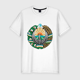 Мужская футболка премиум с принтом Узбекистан герб в Санкт-Петербурге, 92% хлопок, 8% лайкра | приталенный силуэт, круглый вырез ворота, длина до линии бедра, короткий рукав | герб | государство | символ | снг | страна | узбекистан