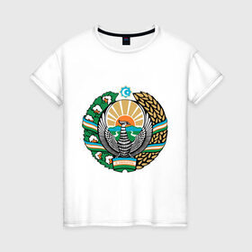 Женская футболка хлопок с принтом Узбекистан герб в Санкт-Петербурге, 100% хлопок | прямой крой, круглый вырез горловины, длина до линии бедер, слегка спущенное плечо | герб | государство | символ | снг | страна | узбекистан