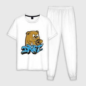 Мужская пижама хлопок с принтом Drift bear в Санкт-Петербурге, 100% хлопок | брюки и футболка прямого кроя, без карманов, на брюках мягкая резинка на поясе и по низу штанин
 | auto | drift bear | авто | автомобильные | машины | медведь | тачки | тюнинг