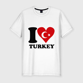 Мужская футболка премиум с принтом I love turkey в Санкт-Петербурге, 92% хлопок, 8% лайкра | приталенный силуэт, круглый вырез ворота, длина до линии бедра, короткий рукав | i love turkey | полумесяц | турция | флаги | я люблю