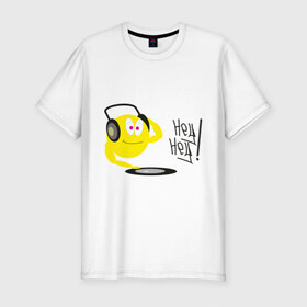 Мужская футболка премиум с принтом Hey DJ! в Санкт-Петербурге, 92% хлопок, 8% лайкра | приталенный силуэт, круглый вырез ворота, длина до линии бедра, короткий рукав | deejay | hey | вертушки | диджей | пластинка | привет