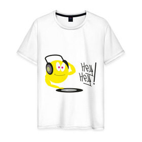 Мужская футболка хлопок с принтом Hey DJ! в Санкт-Петербурге, 100% хлопок | прямой крой, круглый вырез горловины, длина до линии бедер, слегка спущенное плечо. | deejay | hey | вертушки | диджей | пластинка | привет