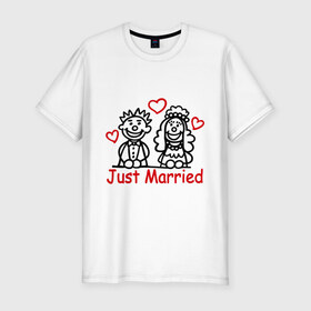 Мужская футболка премиум с принтом Just married (Молодожены) в Санкт-Петербурге, 92% хлопок, 8% лайкра | приталенный силуэт, круглый вырез ворота, длина до линии бедра, короткий рукав | just married | джаст мэрид | жених | молодоженам | молодожены | невеста | свадьба