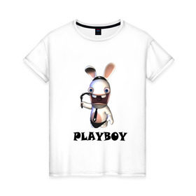 Женская футболка хлопок с принтом Плейбой (2) в Санкт-Петербурге, 100% хлопок | прямой крой, круглый вырез горловины, длина до линии бедер, слегка спущенное плечо | playboy | зайчик | заяц | плейбой