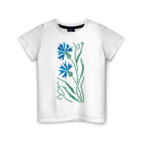 Детская футболка хлопок с принтом Василек-вышивка в Санкт-Петербурге, 100% хлопок | круглый вырез горловины, полуприлегающий силуэт, длина до линии бедер | василек | вышивать | вышивка | крестик | крестиком | цветок | цветочки | цветы