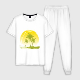 Мужская пижама хлопок с принтом Райский уголок в Санкт-Петербурге, 100% хлопок | брюки и футболка прямого кроя, без карманов, на брюках мягкая резинка на поясе и по низу штанин
 | море | на море | пальмы | пляж | рай | райский отдых | райский уголок | райское наслаждение